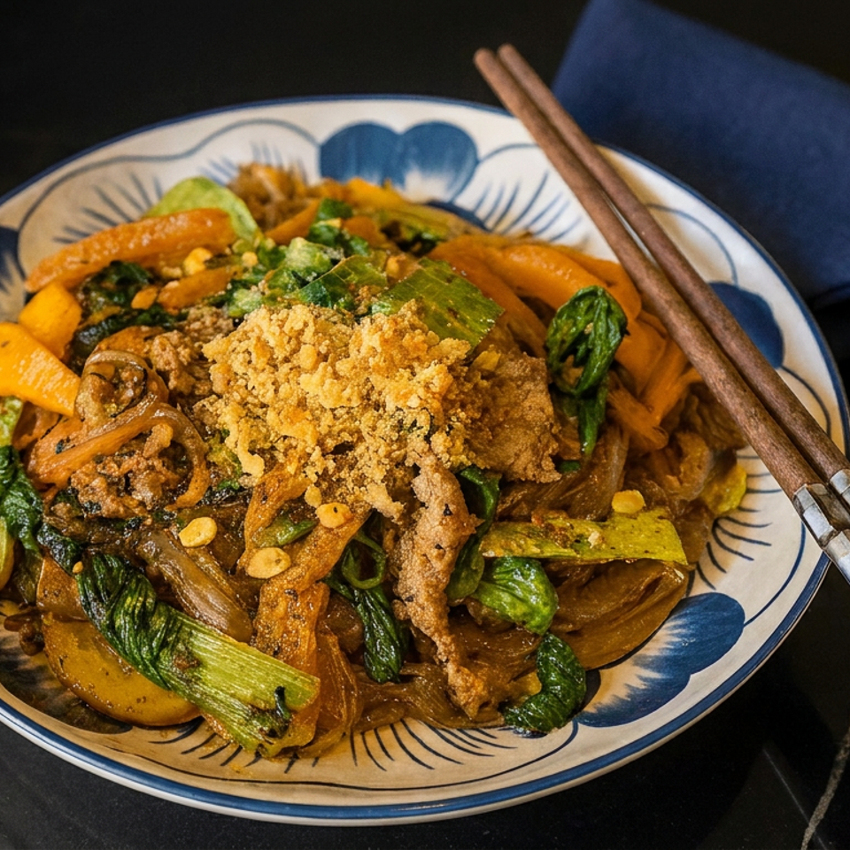 Asian stir-fried noodles with vegetables, mushrooms, crispy topping, and peanuts on a patterned plate with chopsticks.