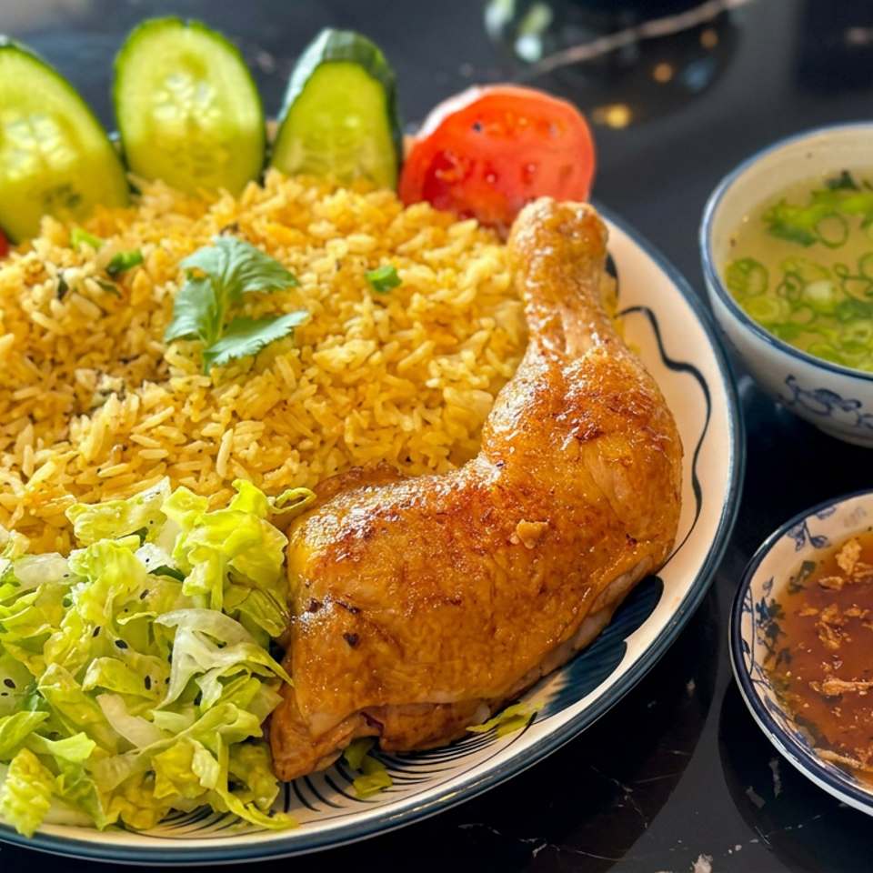 Plate of spiced yellow rice, roasted chicken leg, lettuce salad, cucumber and tomato slices, with two dipping sauces.