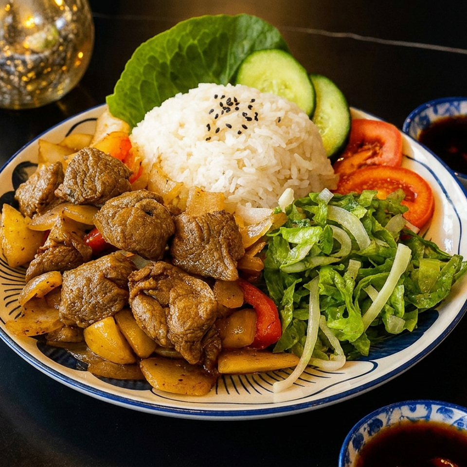 Plate of sautéed beef, potatoes, peppers, rice, salad, cucumber, tomato, and dipping sauce on a dark table.